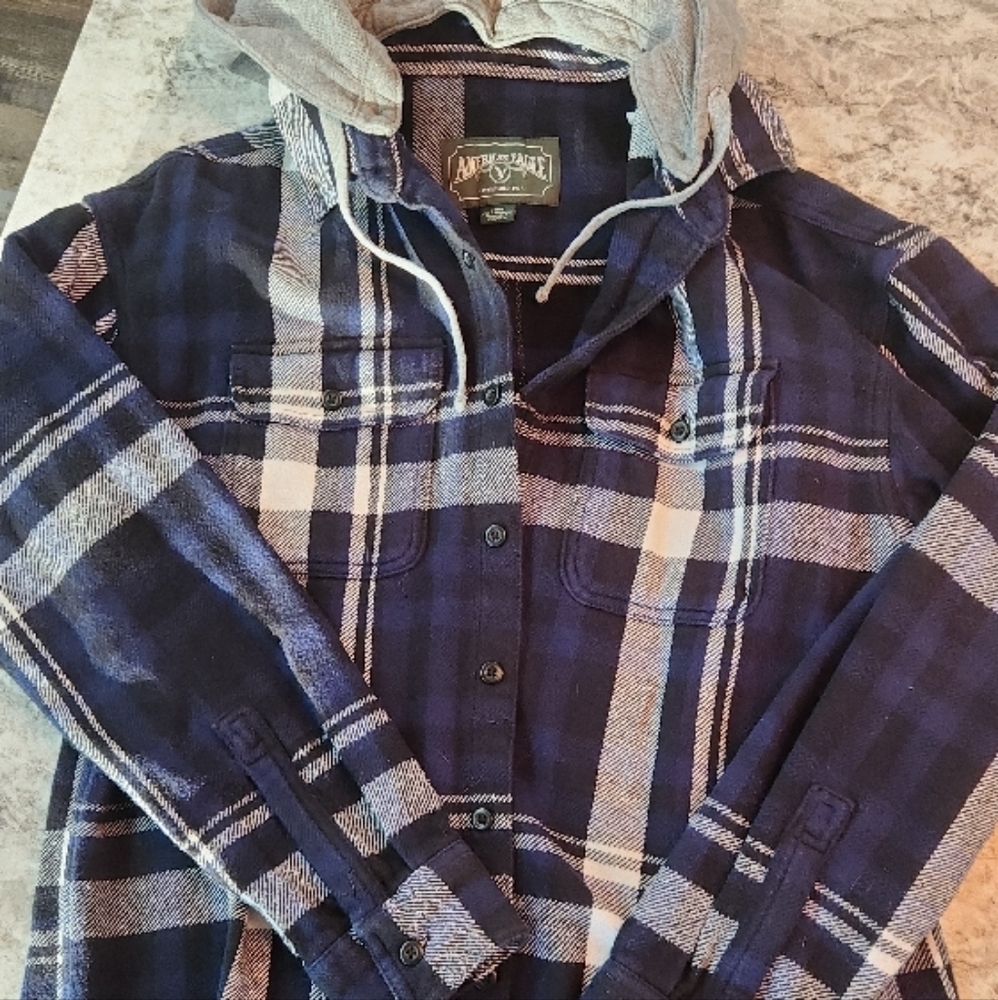 American Eagle Outfitters Blue Plaid Hooded Shirt